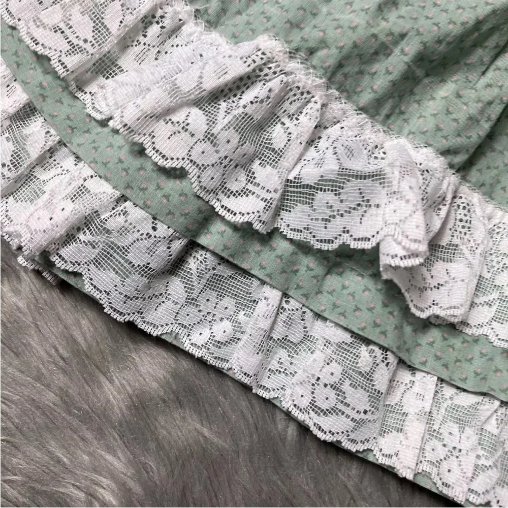 Vintage Handmade Green Pink Floral Lace Ruffle Girls Dress Easter